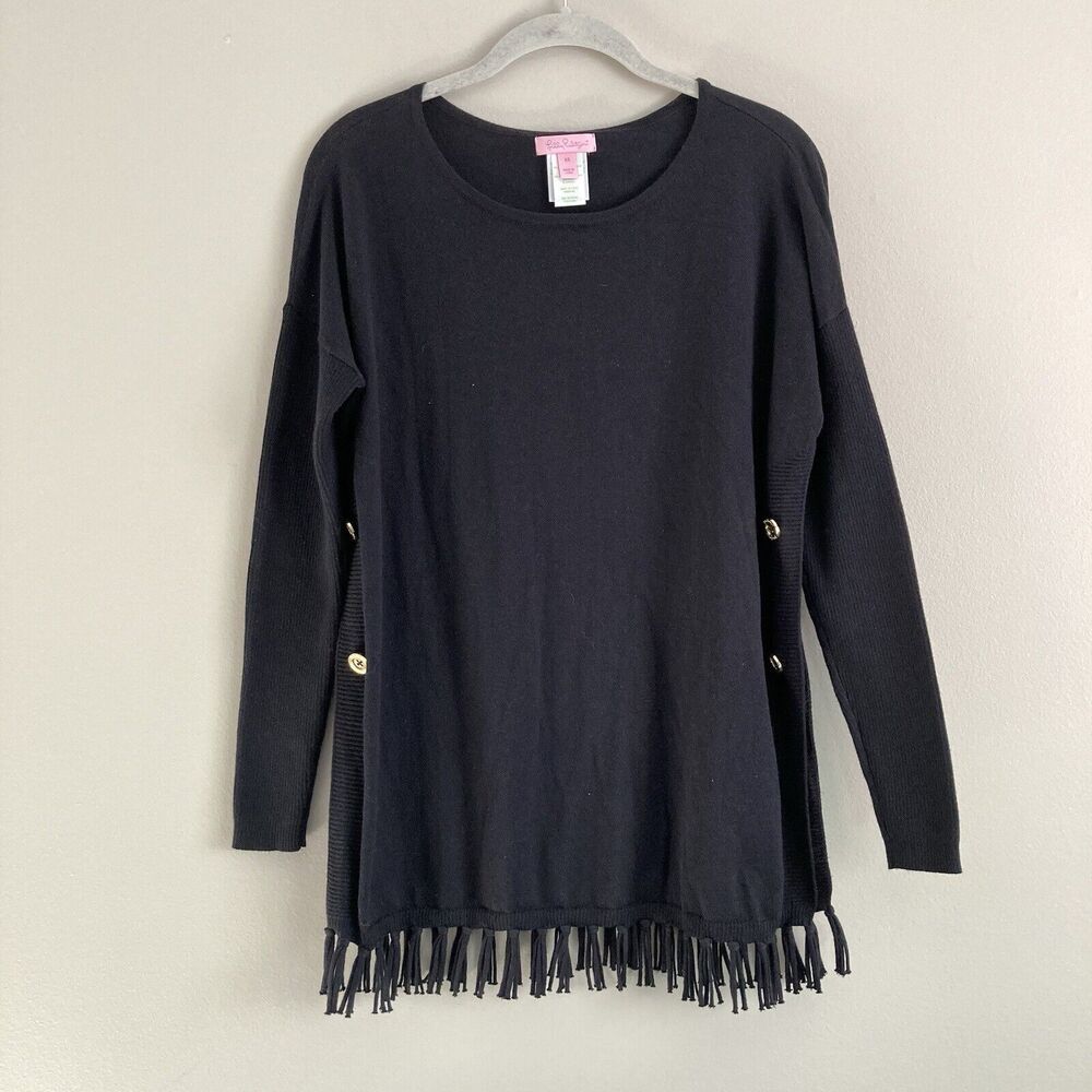 Lilly Pulitzer Ramona Fringe Sweater Size X-Small Black CoolMax Breathable Knit
